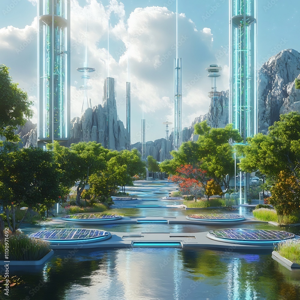 Poster futuristic landscape featuring floating solar farms vertical gardens and automated flood barriers wi