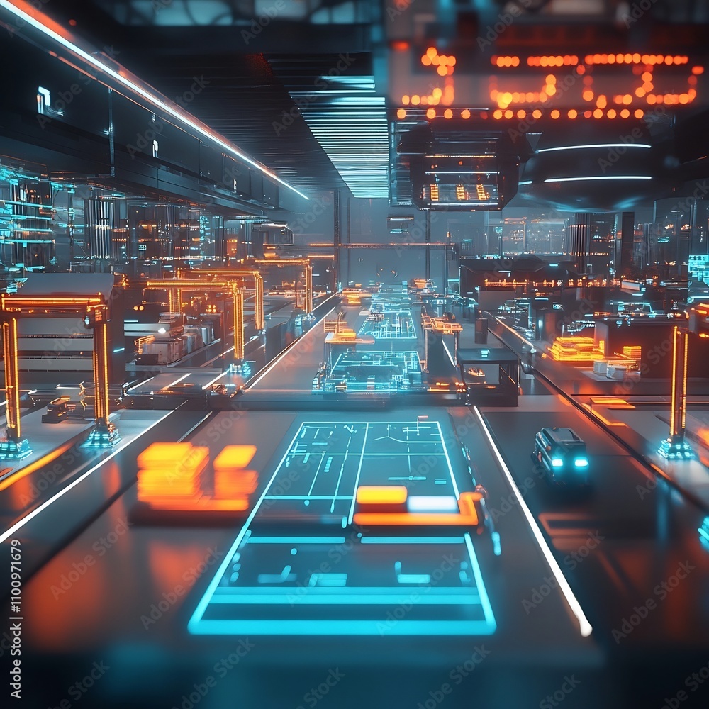Poster futuristic logistics hub showcasing glowing holographic supply chain networks automated robotic syst