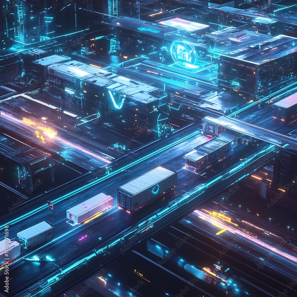 Poster futuristic logistics hub with glowing holographic supply chain networks automated robotic systems an