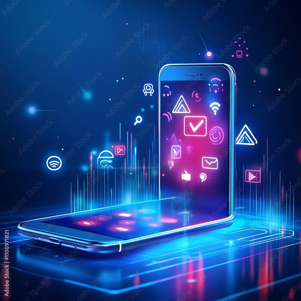 Poster glowing abstract design of a smartphone projecting holographic social media icons analytics charts a