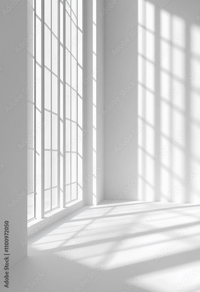 Poster sunlight streams through a large window, casting geometric shadows on a blank white wall and floor, 