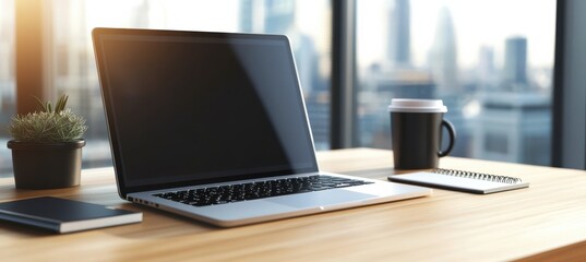 Fototapeta premium Wooden Desk Setup with Laptop and Cityscape View