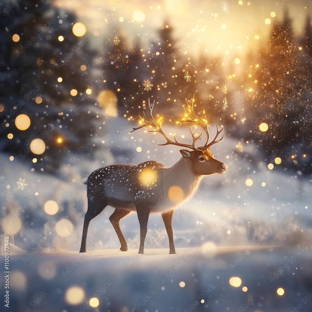 Poster image of a reindeer standing in a snowy landscape surrounded by warm glowing yellow bokeh lights cre