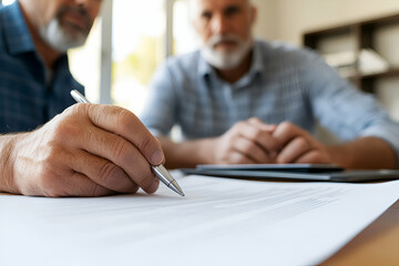 Signing a contract in an office setting.