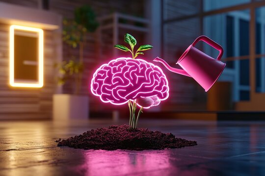 Abstract futuristic hands supporting a brain with a sprout, illuminated by a neon watering can pouring light, symbolizing growth mindset and continuous learning
