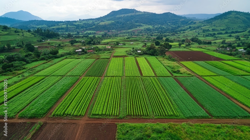 Poster aerial view of lush green fields and rolling hills showcasing sustainable farming practices in a vib