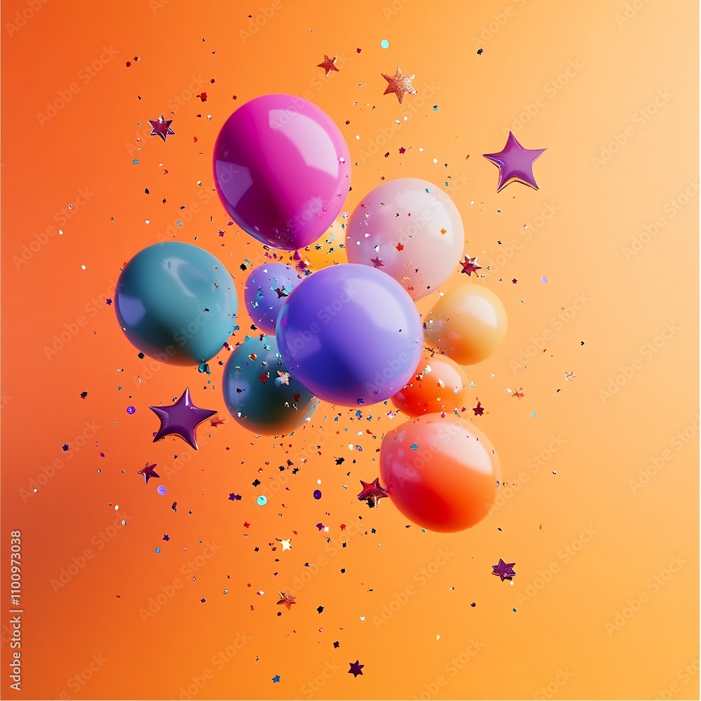Poster joyful and vibrant design with multicolored balloons sparkling stars and confetti floating on a vibr