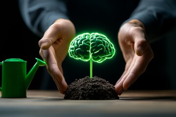 Digital futuristic concept of hands cradling a brain with a growing sprout, a glowing watering can nearby, symbolizing innovation and learning mindset
