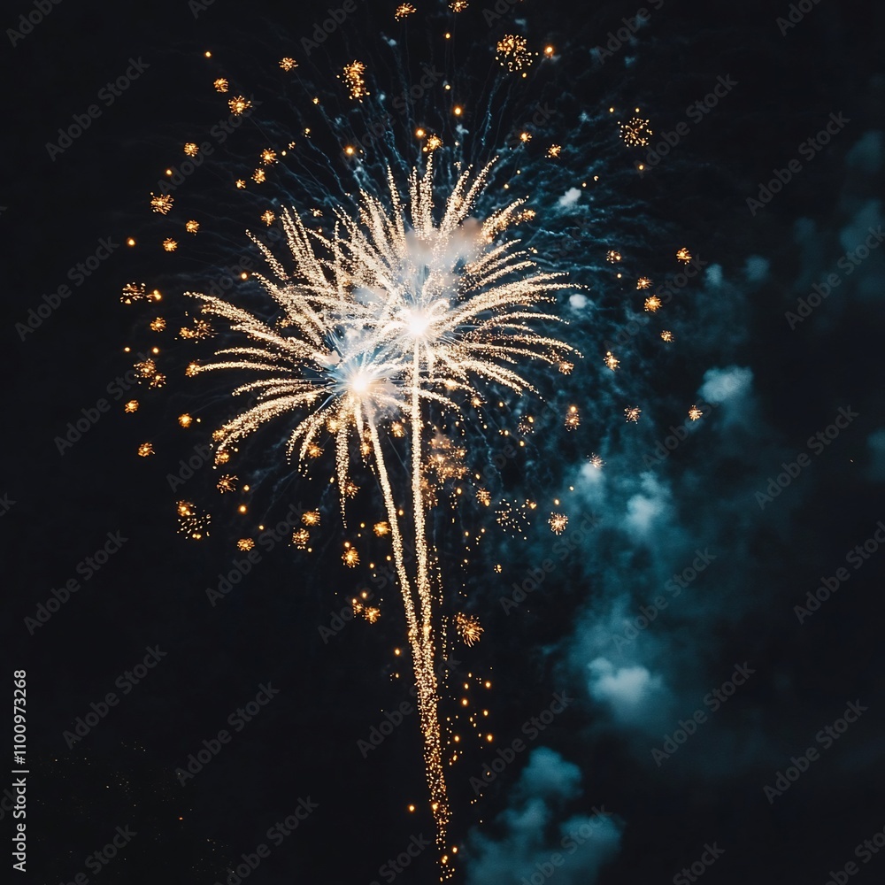 Aufkleber magnificent golden and white fireworks bursting in the darkened sky with layers of bokeh lights crea