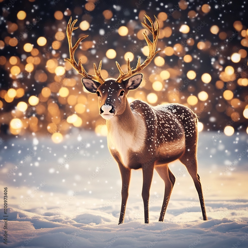 Poster majestic reindeer standing amidst a serene snow covered landscape with a glowing golden bokeh of fes