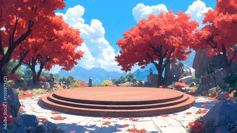 Poster a circular wooden platform in a serene forest setting with red trees, rocks, and mountains in the ba