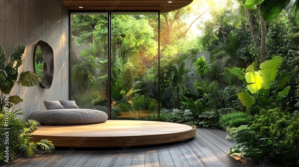 Poster a circular wooden platform with cushions sits in front of a large window overlooking a lush green ju