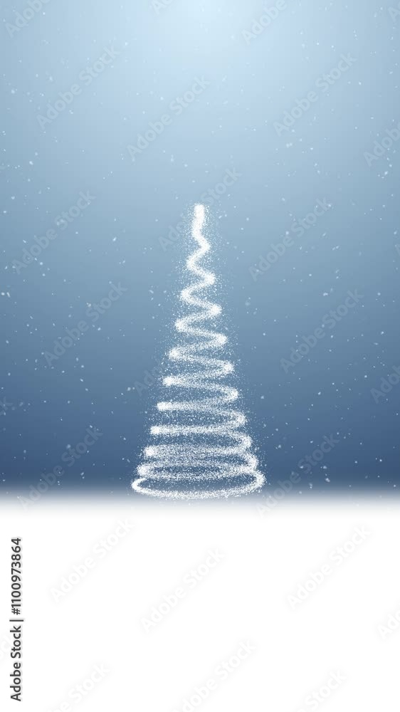 Poster loop realistic snowfall snowflakes with animated snowy christmas tree vertical background.