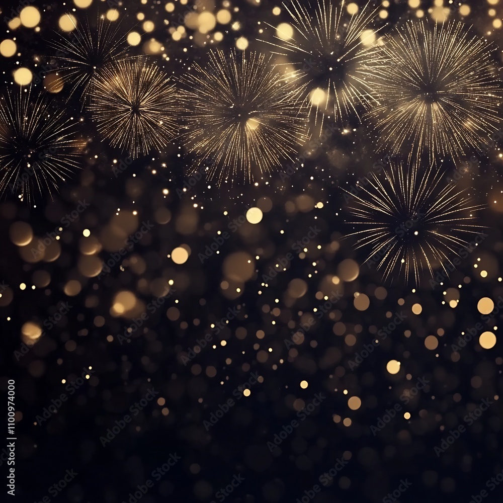 Poster Mesmerizing fireworks display with intricate patterns and golden bokeh lights softly blending into a dark festive background creating an elegant and captivating night sky scene