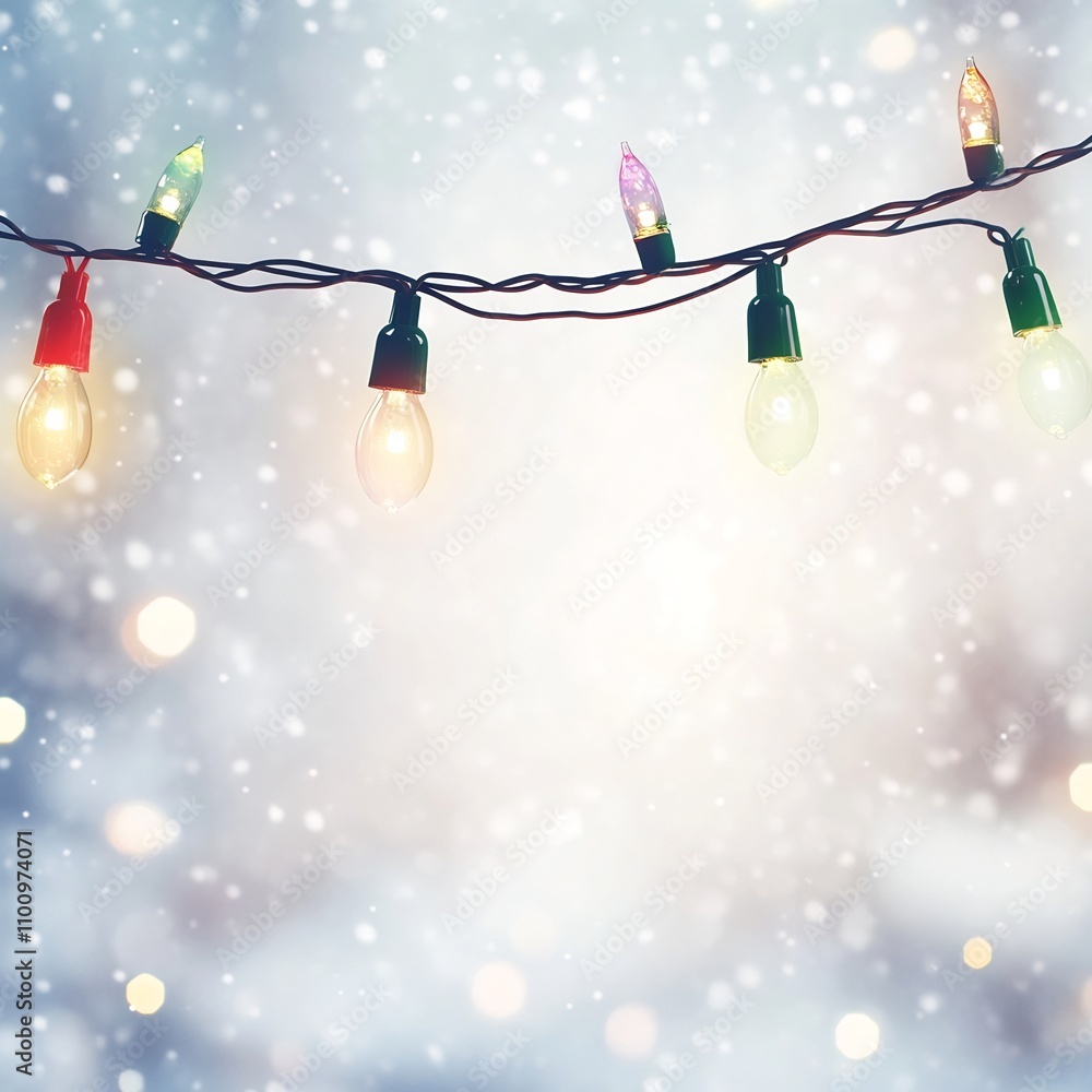 Poster mesmerizing twinkling lights in various colors hanging in front of a snowy white bokeh background cr