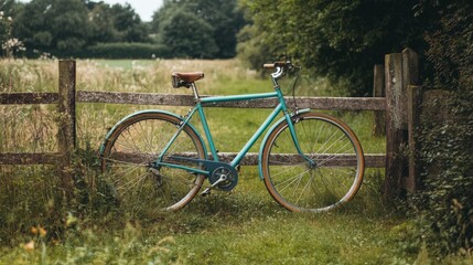 Fototapeta premium Bicycle Leaning Against Countryside Fence