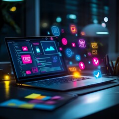 Modern and minimalist workspace featuring a laptop displaying digital marketing analytics surrounded by vibrant social media icons sleek tools