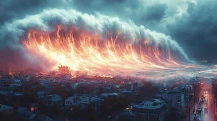Fototapeta premium An illustration depicts a tsunami destroying a city, emphasizing the dangers of natural disasters.