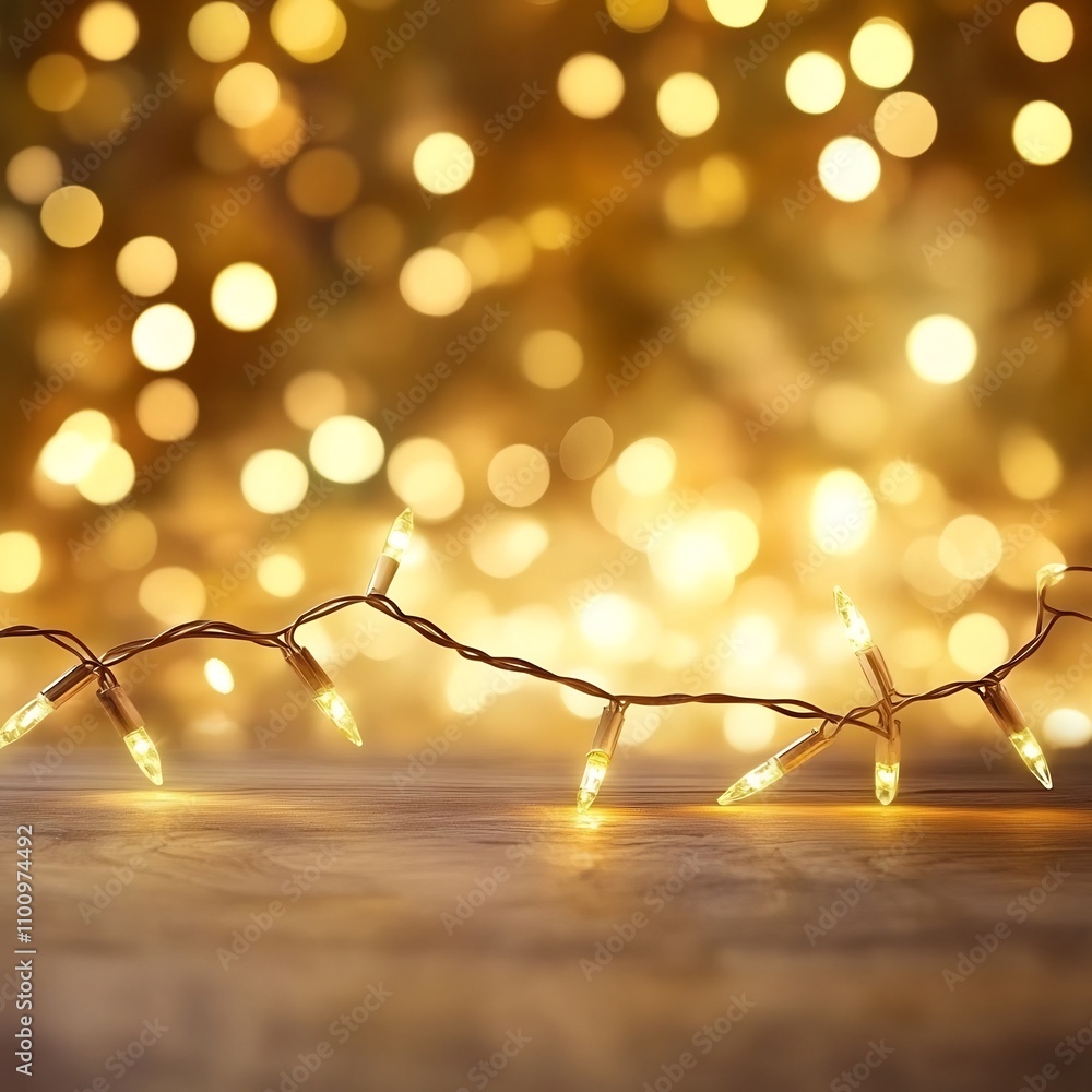 Poster photograph of glowing christmas string lights with a warm festive golden bokeh background creating a