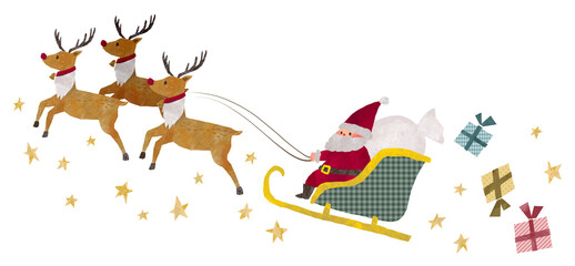 プレゼントを落としながらソリで走るサンタクロースとトナカイと星のクリスマスイラスト素材 © Pan Ohdachi