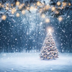 Peaceful snowy holiday scene with glowing snowflakes floating above a snow covered landscape featuring a decorated Christmas tree in the foreground for festive designs and winter themed imagery