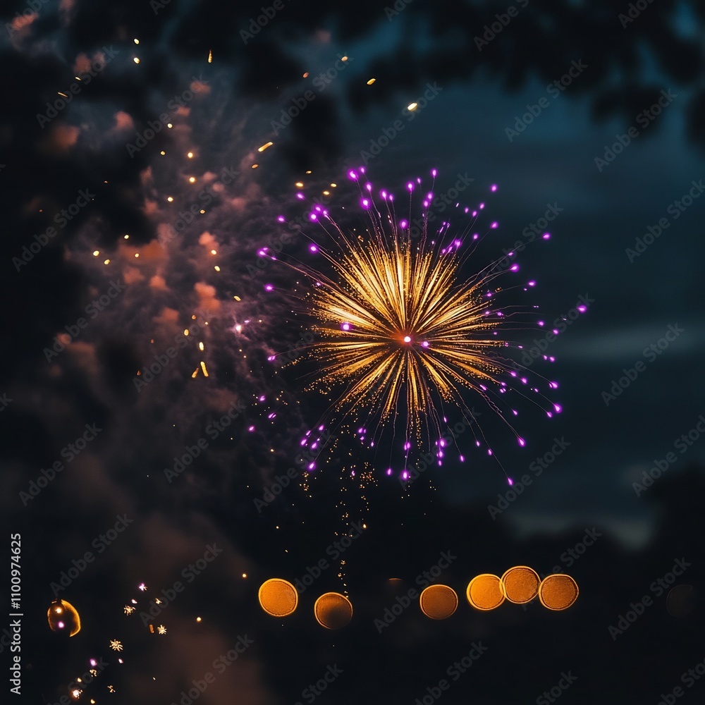 Poster radiant fireworks in rich colors of purple and gold bursting vividly in a dark evening sky complemen