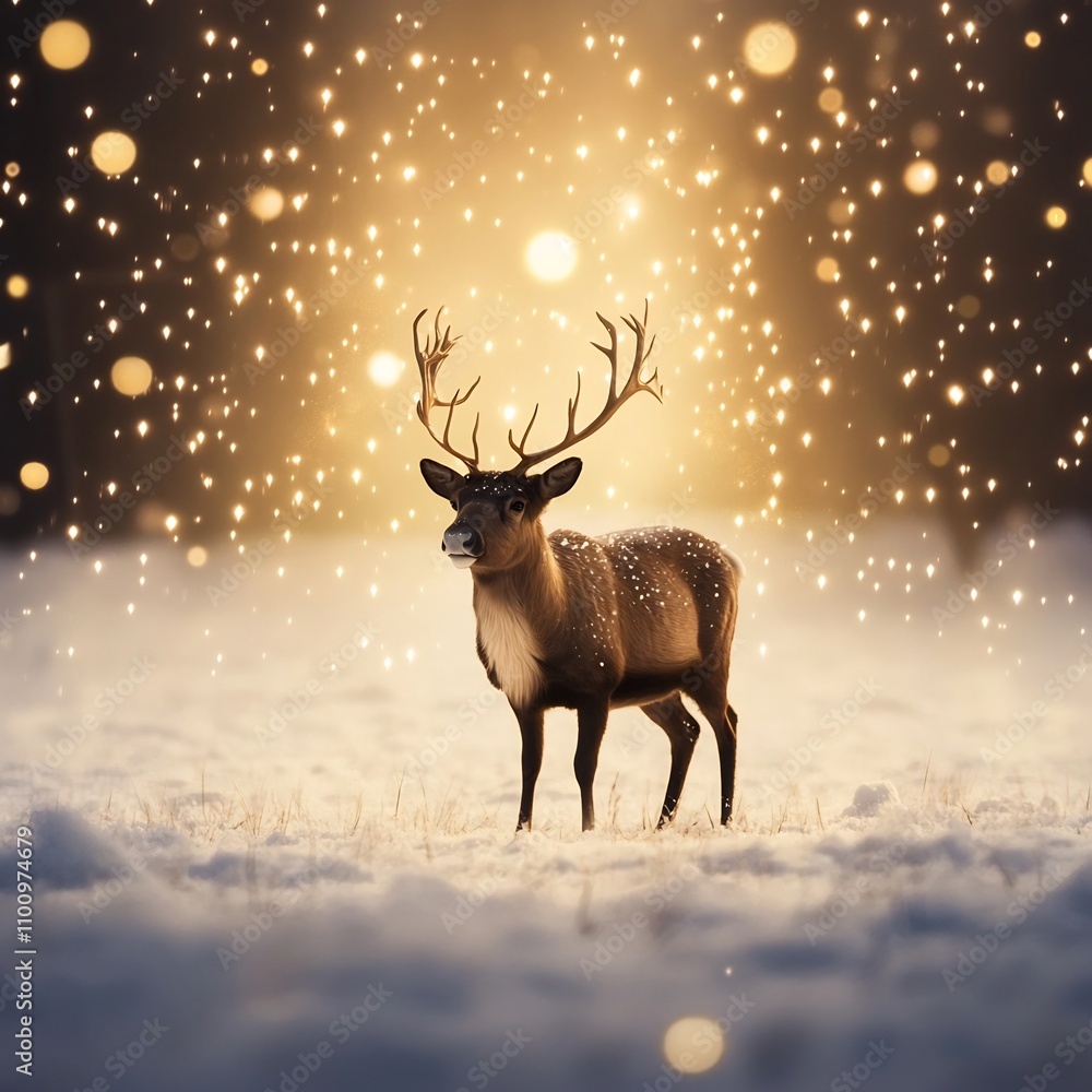 Poster reindeer standing amidst a serene snowy field surrounded by a captivating display of glowing golden 