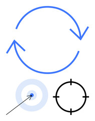 Circular arrow indicating rotation, target mark with an arrow hitting the center, and a focus symbol. Ideal for concepts of refresh, precision, aim, strategy, goals cycles digital interfaces. Line