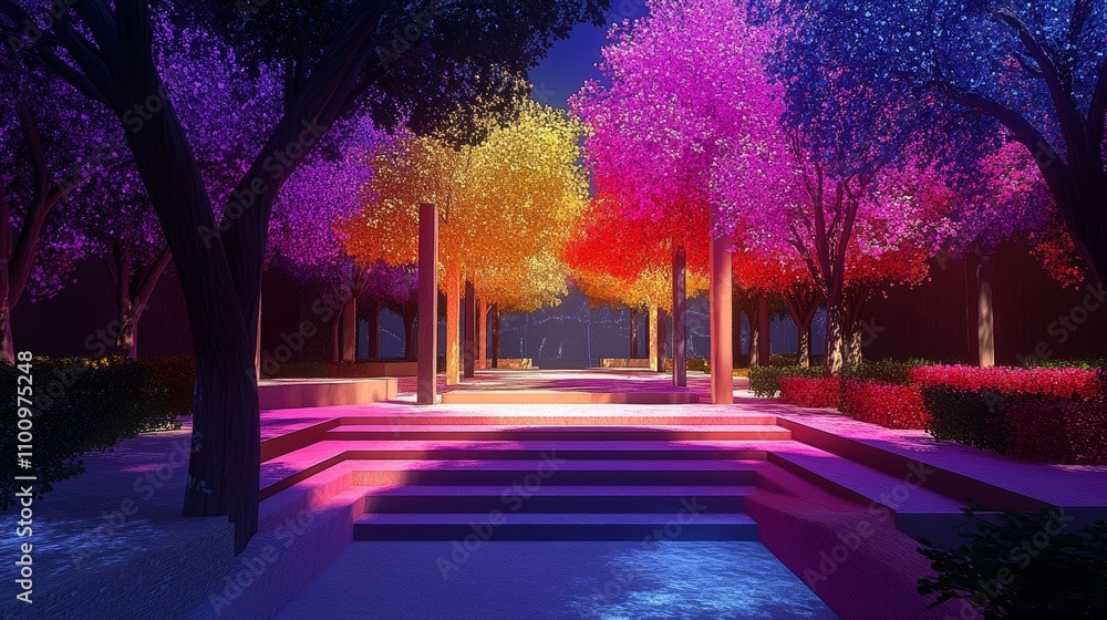 Poster a colorful and surreal path leading to a mysterious destination with glowing trees and a stepped pla