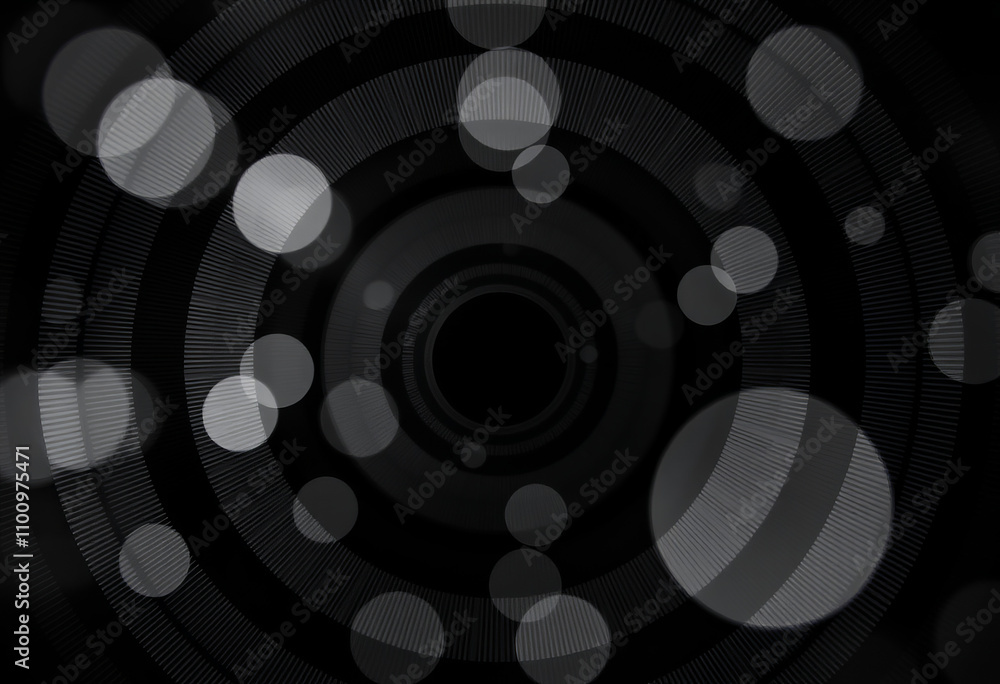 Poster combines op art’s circular patterns with multiple exposures layering circles for depth and
