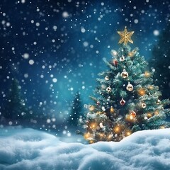 Snowy Christmas Tree Setting with Glowing Snowflakes in the Night Sky Showcasing Warm and Magical Holiday Ambience  Cozy and Peaceful Winter Landscape with Festive and Serene Atmosphere