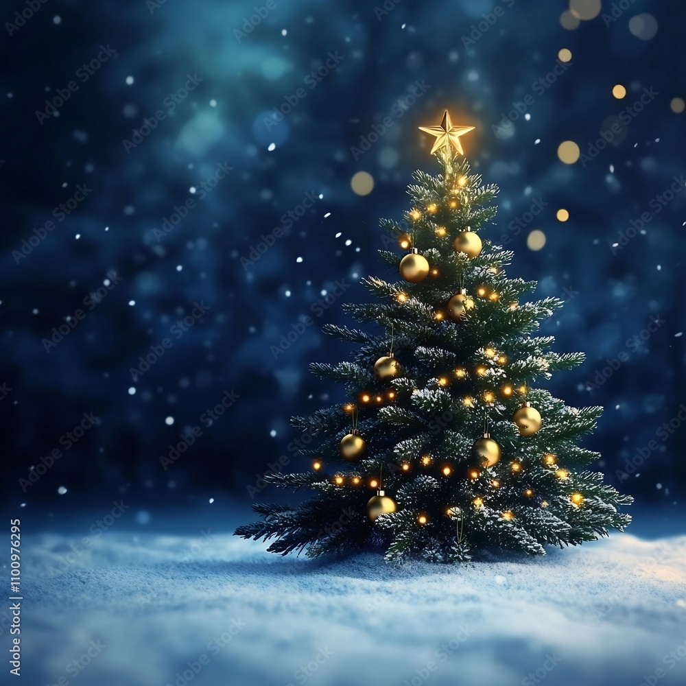 Poster stunning image of a glowing golden christmas tree standing tall in a snowy enchanted forest scene wi