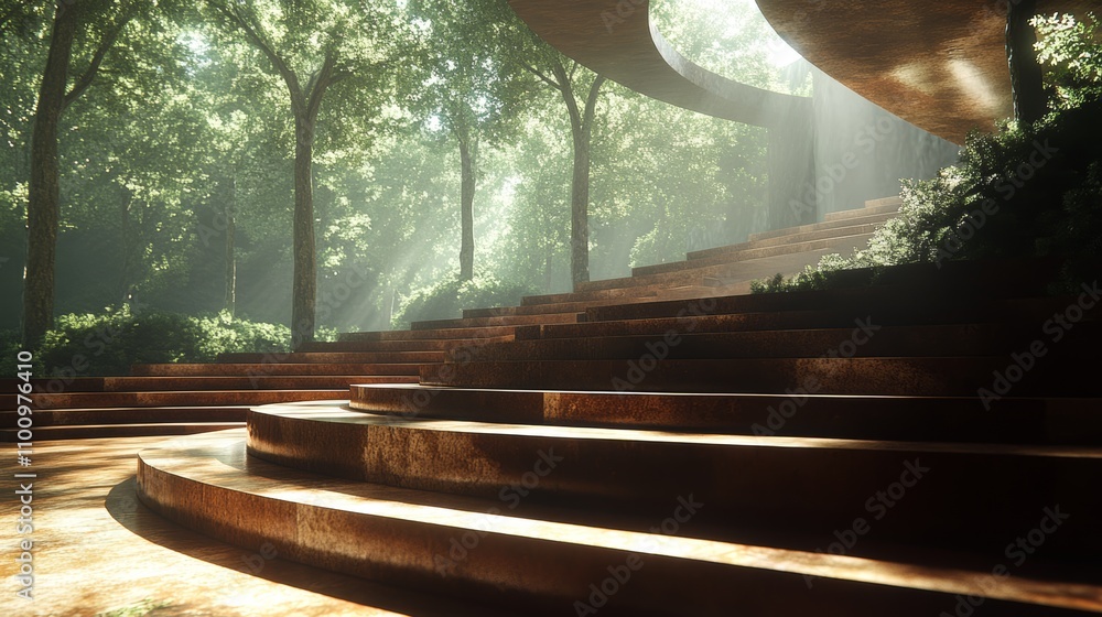 Poster a curved stone amphitheater in a forest with light filtering through the trees.
