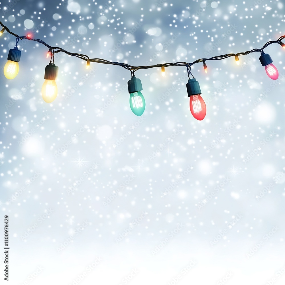 Poster twinkling lights in various colors hanging in a snowy white bokeh background creating a clean and jo