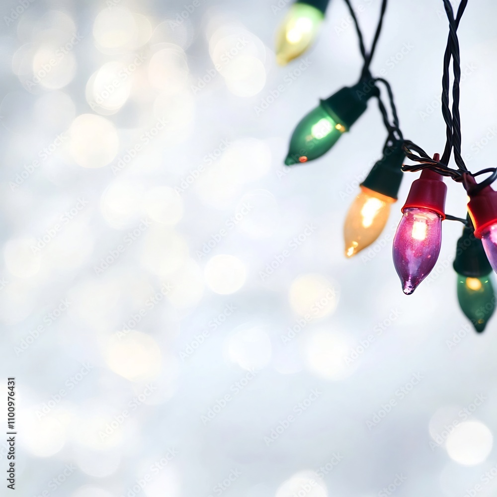 Poster twinkling hanging lights in various colors set against a snowy white bokeh background creating a coz