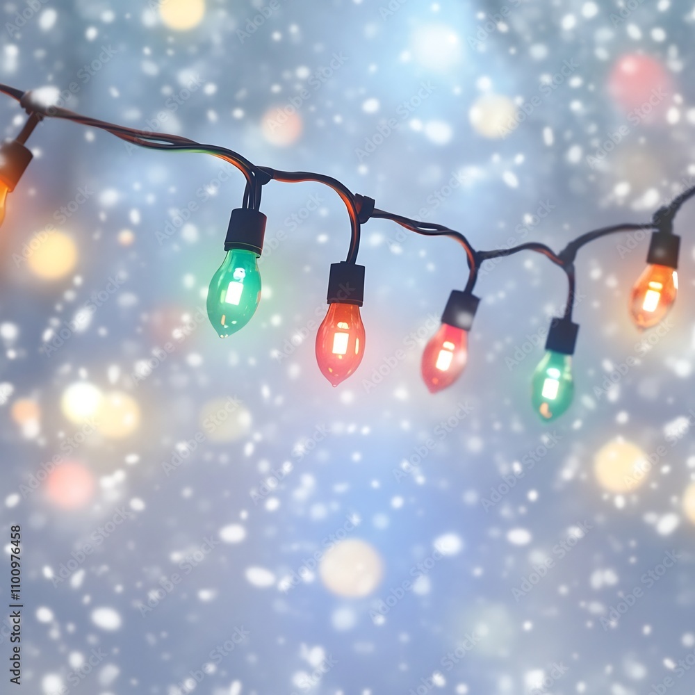 Poster twinkling lights in various colors hanging in front of a snowy white bokeh background creating a cle