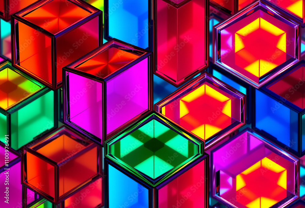 Poster creates cube patterns using op art’s optical illusions and vibrant glass’s bright color schemes resu