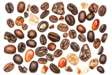 Obraz premium A scattered collection of roasted coffee beans with a rich brown color and glossy texture Some beans are whole while others are slightly broken adding to their natural appearance