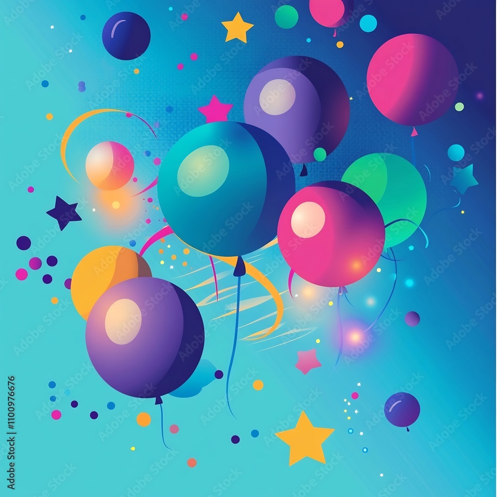 Poster vibrant abstract party themed featuring a dynamic and colorful composition of floating balloons glow