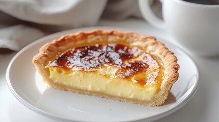Creamy Custard Tart with Caramelized Top on Plate with Coffee in Background Perfect for Dessert Lovers and Culinary Enthusiasts Seeking Delicious Treats