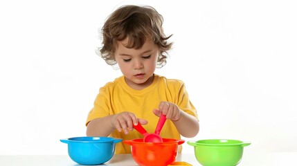 A small child pretending to cook with toy utensils.
