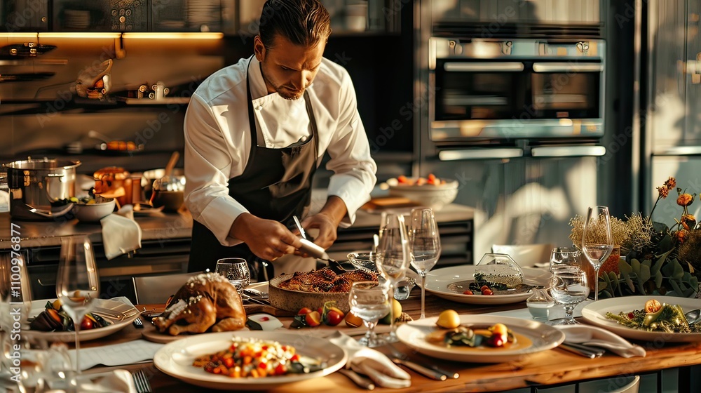 Poster a private chef setting up a table with gourmet food.