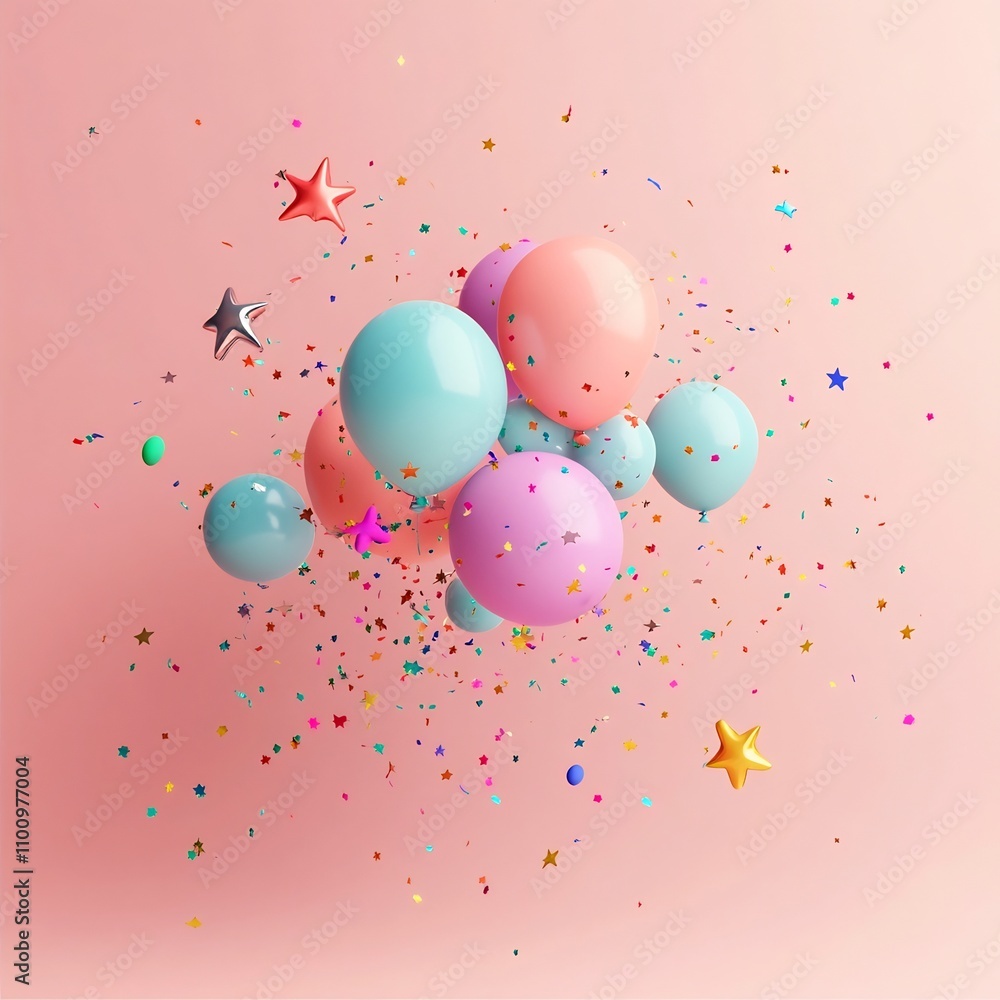 Poster vibrant and dynamic party inspired scene featuring a colorful arrangement of balloons stars and fest
