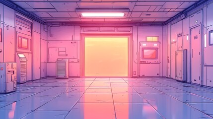 A futuristic room with a large doorway, glowing pink light, and a glossy floor.