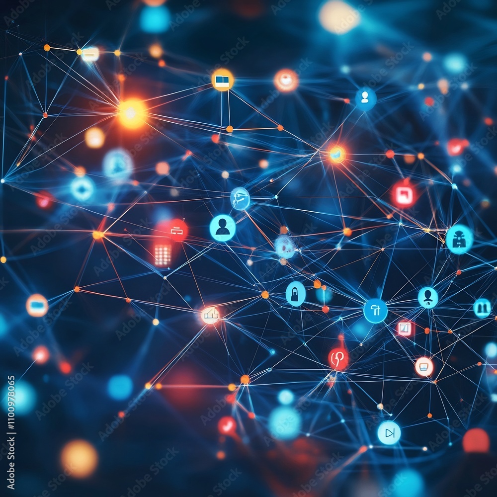 Poster vibrant digital background with interconnected icons glowing nodes and an abstract representation of