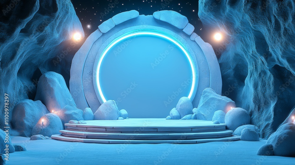 Poster a glowing circular portal stands in a snowy cave illuminated by two lanterns.