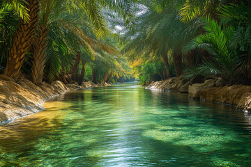 Enchanting Desert Mirage of Hopeful Dreams: A Mystical Scene Filled with Incredible Wonders, Sparkling Water in the Sand, Lush Palms, and Natural Jewels Creating a Magical Moment