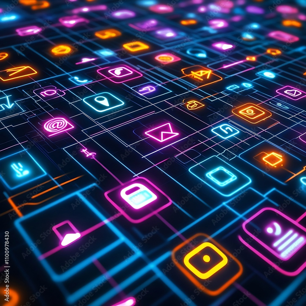 Poster vibrant interconnected digital icons arranged in a futuristic grid design with glowing pathways symb