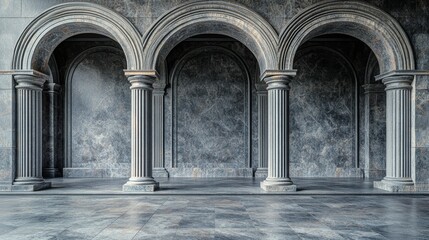 Fototapeta premium A grand hallway with arched doorways and marble columns.