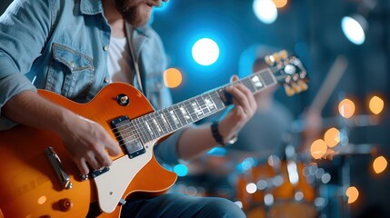 Fototapeta premium Musician playing an electric guitar with warm bokeh lights and drummer in the background